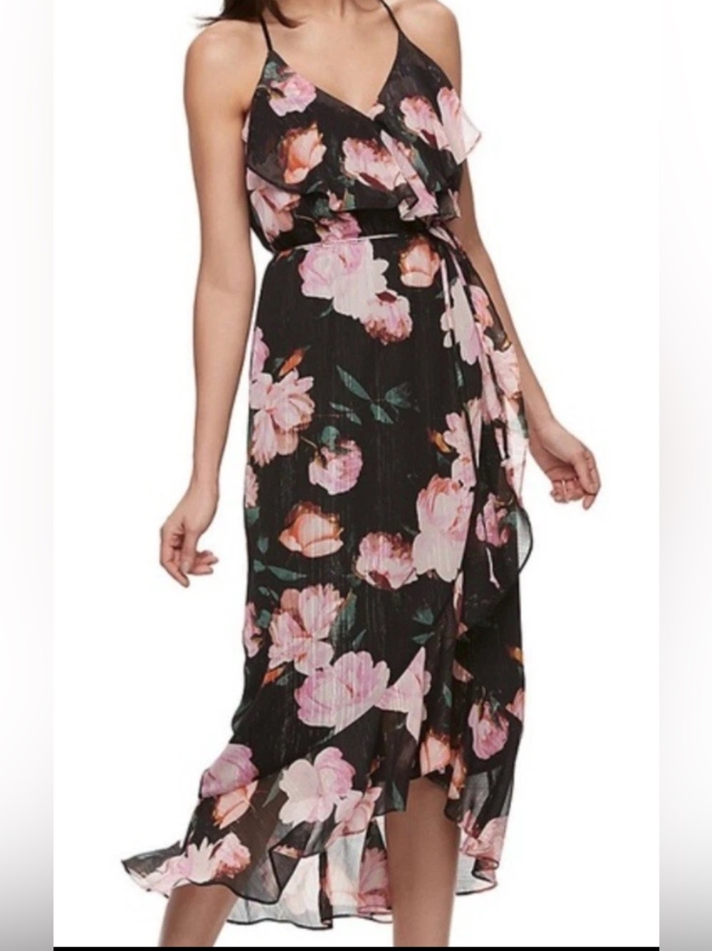 Jennifer Lopez Black and Pink Floral maxi Dress size 6 spaghetti strap